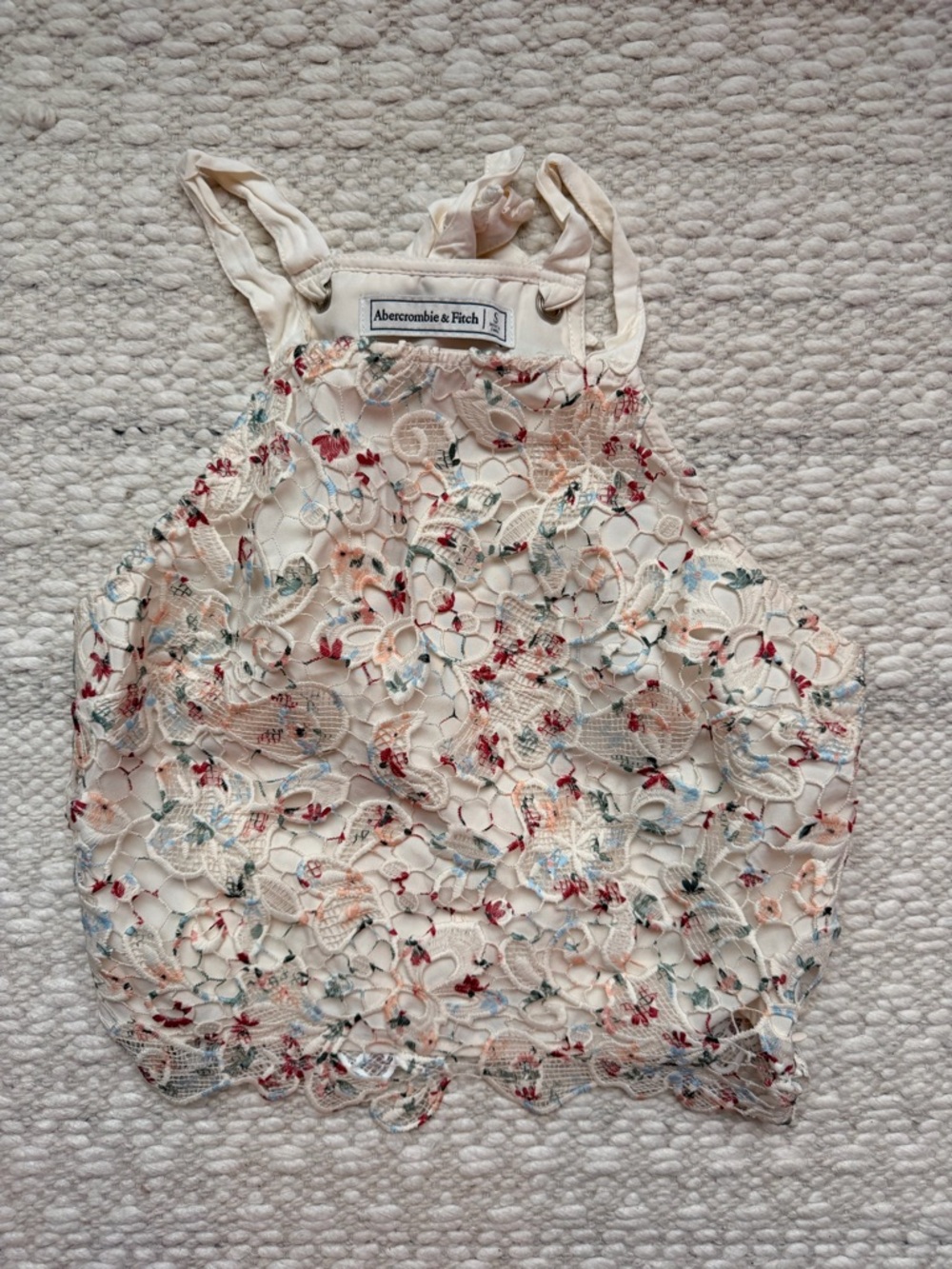 Abercrombie & Fitch Cream Floral Lace Halter Top with Multicolor Embroidery